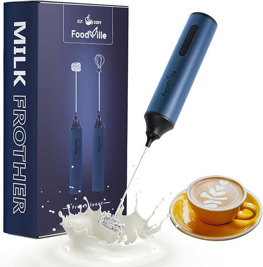 FoodVille MF05 Rechargeable Milk Frother USB Charging Handheld Foam Maker with Stainless Balloon Whisk for Cappuccino, Latte, Bulletproof Coffee, Keto Diet, Protein Powder, Matcha (Navy Blue)