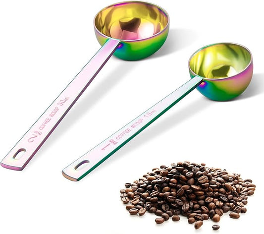 Safring Premium coffee scoop set, set of 2, Metal stainless steel long handle coffee scoop, measuring coffee spoons contains 1 tablespoon (15 ml) and 2 tablespoons (30 ml) multicolor spoon