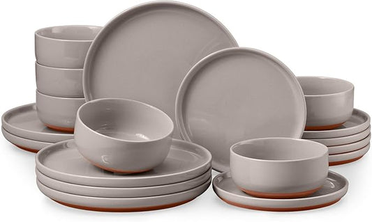 E-far 18-Piece Ceramic Dinnerware Sets, Plates and Bowls Sets for 6, Stoneware Dishware Dishes Set with Terracotta Base, Chip & Scratch Resistant, Microwave & Dishwasher Safe, Speckled Khaki