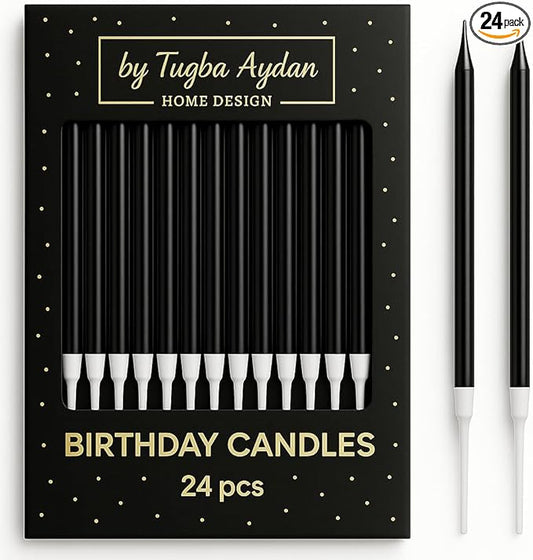 by Tugba Aydan - Black Birthday Candles-24 Count Long Thin Black Birthday Candles for Cake, Metallic Cake Candle for Birthday, Party Candles