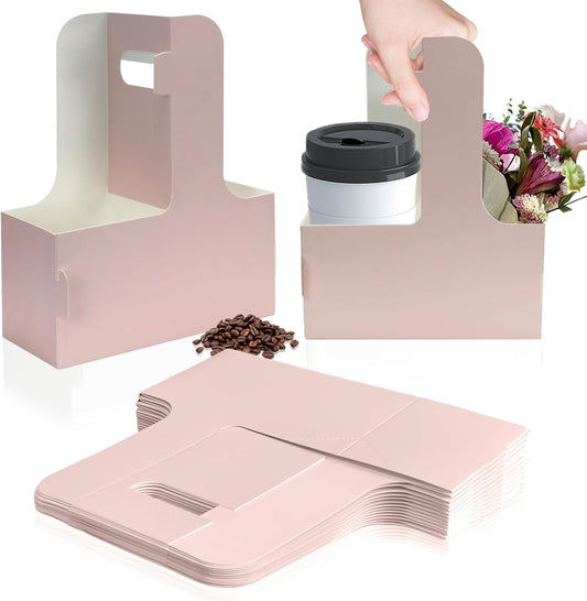 2 Cup Disposable Drink Carrier for Delivery with Handle,15 Count Pink Paperboard Cup Holder,Cup Carriers for Hot or Cold Drinks,Coffee Carrier, Food Delivery,Take Out Cup Carriers (Pink, 30 PCs)