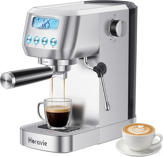 Horavie Espresso Machine 20 Bar, Compact Espresso Maker with Milk Frother, Stainless Steel Cappuccino & Latte Machine with LCD Screen, Adjustable Temperature, 44oz Water Tank for Home, Office