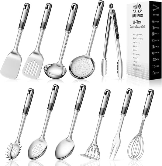 11-Piece Stainless Steel Kitchen Utensil Set – Premium Thickened Cooking Utensils Set, Silver Kitchen Tools Set for Cooking, Dishwasher Safe Kitchen Tool Set