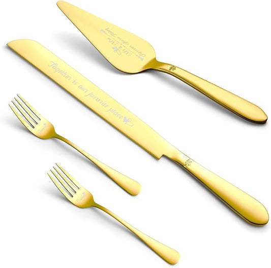 Eisinly Cake Cutting Set for Wedding, Elegant Cake Knife and Server Set with Stainless Steel Forks, Cake Cutter and Pie Spatula for Couples Wedding Registry, Engagements, Anniversary, 4 Pcs, Gold