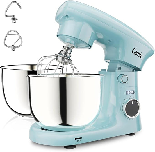 Camic Stand Mixer, 4.2QT+5.3QT Two bowls Electric Food Mixer, 10 Speeds with Digital setting 3-IN-1 Kitchen Mixer for Baking Cakes Cookie Bread Salad with Egg Whisk,Dough Hook,Flat Beater (Blue)