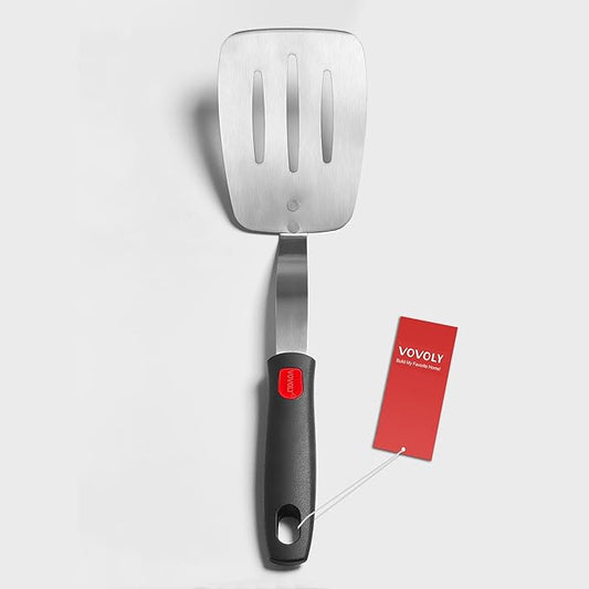 Stainless Steel Spatula Turner, Slotted Metal Spatula for Kitchen Use,VOVOLY Heavy Duty Cooking Turner, Wide Blade with Beveled Edge and Heat Resistant Silicone Handle, Dishwasher Safe