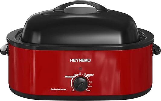 18Qt Roaster Oven Buffet with Self-Basting Lid, 1450W Stainless Steel Electric Turkey Roaster Oven with Cool-Touch Handles, Removable Pan and Rack, Red
