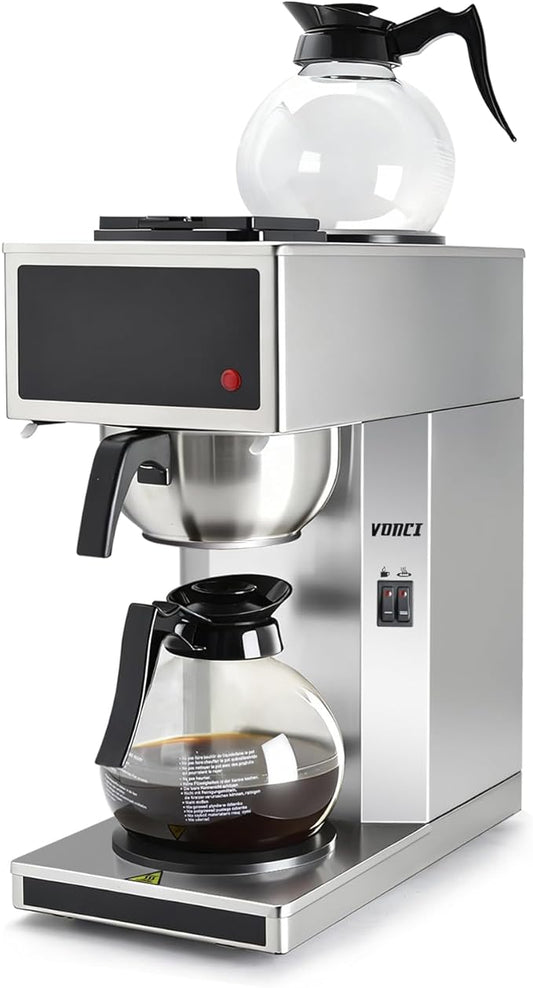 VONCI 1610W Commercial Coffee Maker, 12 Cup Drip Coffee Machine, 2 Glass Carafes and 2 Warmers, Stainless Steel Housing & Funnel, Industrial Coffee Maker for Offices, Hotels, Home