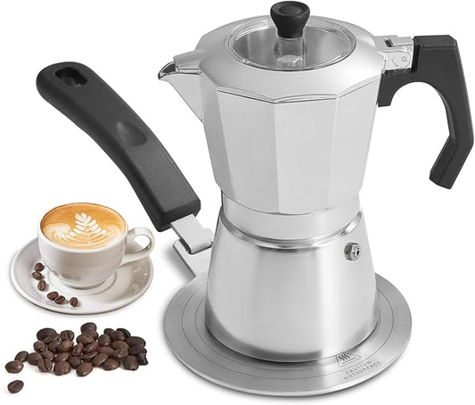 2Pcs - 1 Moka Pot Espresso + 5.5 Inch Stainless Steel Induction Plate Adapter, 6 Cup Aluminium Italian Stovetop Espresso Maker, Transparent Cover, Portable Coffee Maker for Camping