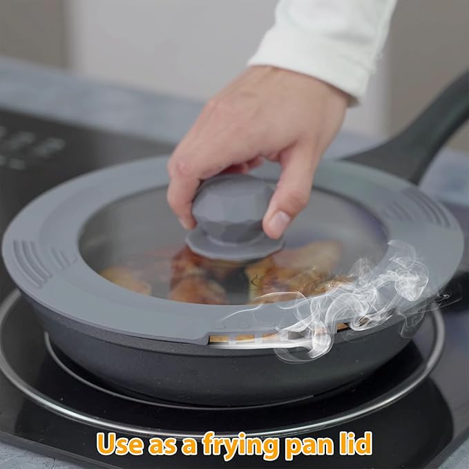 Tempered Strainer Lid for Stockpot, Pasta, Soup Pots with Heat Resistant Silicone Rim - Universal Pan Lids with Pour Spout - Microwave Safe - Fit 6.5-9.5 inch - Light Grey