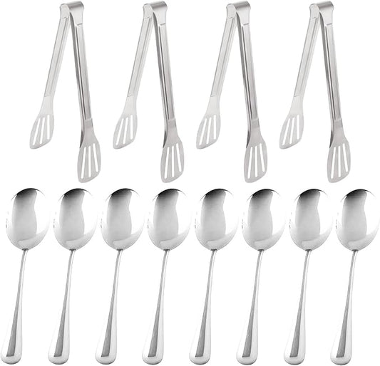 12PCS Stainless Steel Serving Utensils Sets,8 Large Serving Spoons,4 Serving Tongs,Silver Serving Utensills Sets for Buffet Catering Banquet Party (Silver)