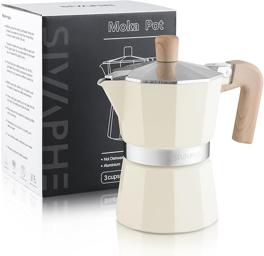 Sivaphe Aluminum Moka Pot 3 Espresso Cups, Percolator Espresso and Coffee Maker, Portable Stovetop Italian and Cuban Café Brewer for Home and Camping White