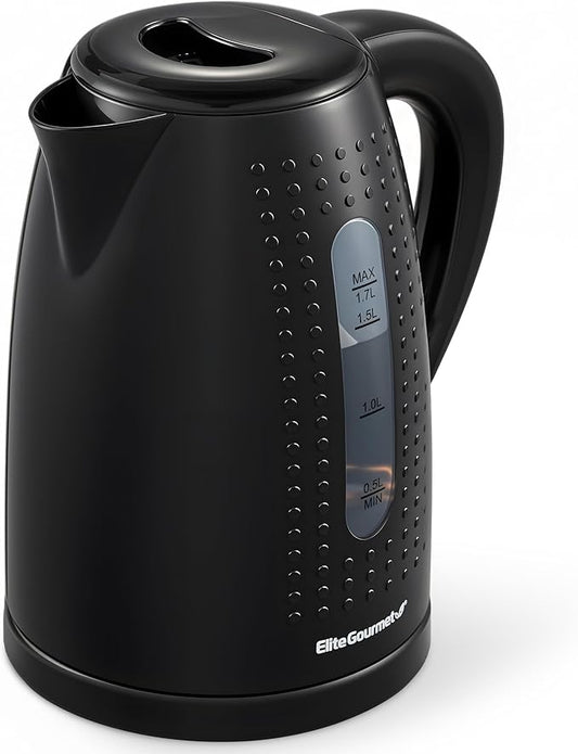 Elite Gourmet EKT5051 1.7L Electric Water Kettle, BPA-Free, Fast Boil, Auto Shut-Off, Boil-dry Protection, 360° Swivel Base with Cordless Serving, Clear-view Window with Water Level Markings, Black