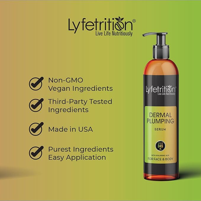 Lyfetrition Dermal Plumping Complex | 12 oz large Bottle | Anti-Ageing Serum Enriched with Vitamin C and Hyaluronic Acid