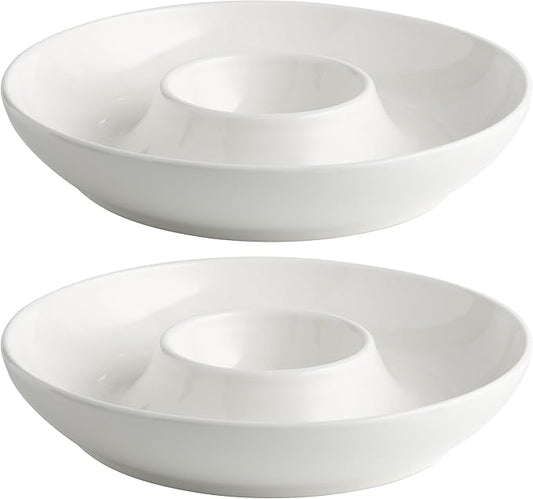 LEHAHA Ceramic Chips and Dip Serving Tray, 12 Inch Large Divided Bowls Set for Salsa, Veggies & Dip, Appetizers, Snacks, Serving Dish Platter for Parties Hosting & Entertaining. Set of 2, white