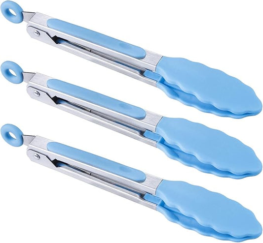 MSY BIGSUNNY Kitchen Food Tongs - 7" Mini Silicone Serving Tongs - Set of 3 (Blue)
