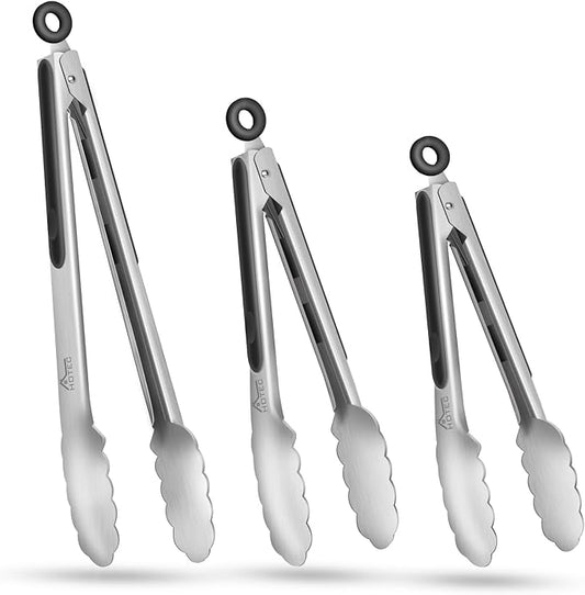 Hotec Stainless Steel Kitchen Tongs, Set of 3-7", 9" and 12", Locking Metal Food Tongs for Cooking, Serving, BBQ, Grill Non-Slip Grip