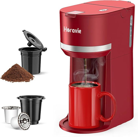 Horavie Mini Single Serve Coffee Maker for K Cup and Ground Coffee, Fast Brew One Cup Coffee Machine with Descaling Reminder and Water Window, 6 to 12 oz. Brew Sizes, Red