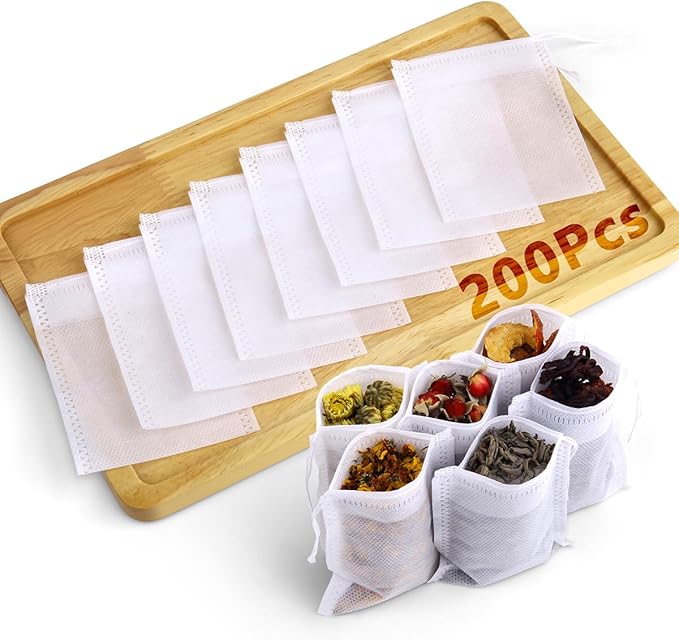 200Pcs Disposable Tea Bags for Loose Leaf Tea, Empty Tea Filter Bags for Cooking, Infuser Sachets for Spice, Coffee, Herb and More (3.54x2.75 Inch)