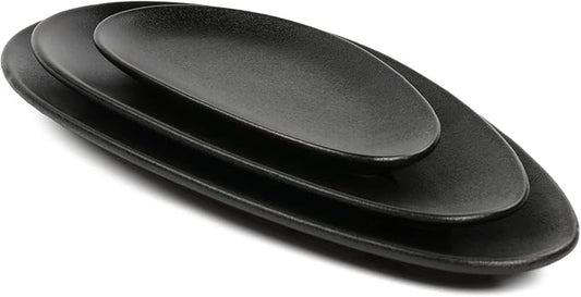 vicrays Large Oval Serving Platters, 16"/14"/10" Porcelain Serving Platters for Party, BBQ,Stackable Serving Trays Serving Plates for Appetizers, Sushi, Restaurant, Set of 3 (Black)`