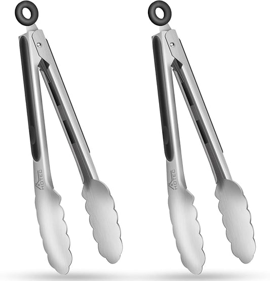 Hotec Stainless Steel Kitchen Tongs, Set of 2-9", Locking Metal Food Tongs for Cooking, Serving, BBQ, Grill Non-Slip Grip