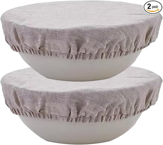 100% Pure Linen Bowl Covers For Bread Proofing, 2 Pcs 12 Inches Elastic Reusable Solid Color Cloth Fabric Bowl Covers,XL Organic Washable Large Stretch Sourdough Lids, Linen