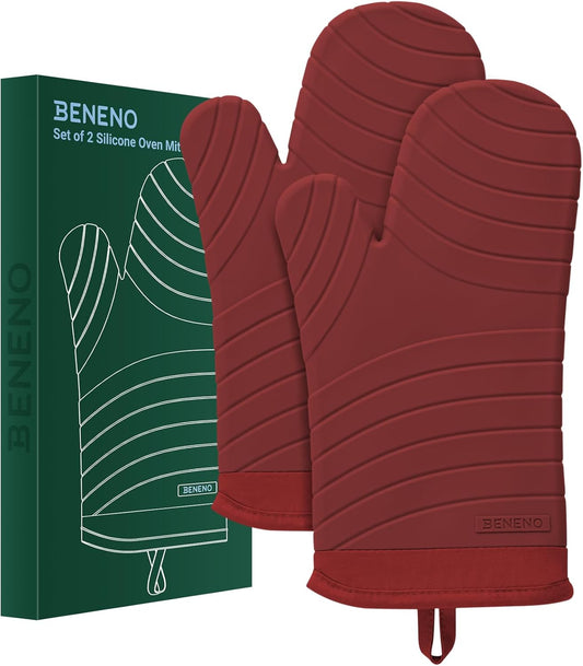 Beneno BPA-Free Silicone Oven Mitts, Heat Resistant Waterproof Oven Mitts with Non-Slip Textured Grip, Comfortable Quilted Lining, Kitchen Pot Holders for Cooking, Baking, Grilling, 7"x13", 2Pcs Red