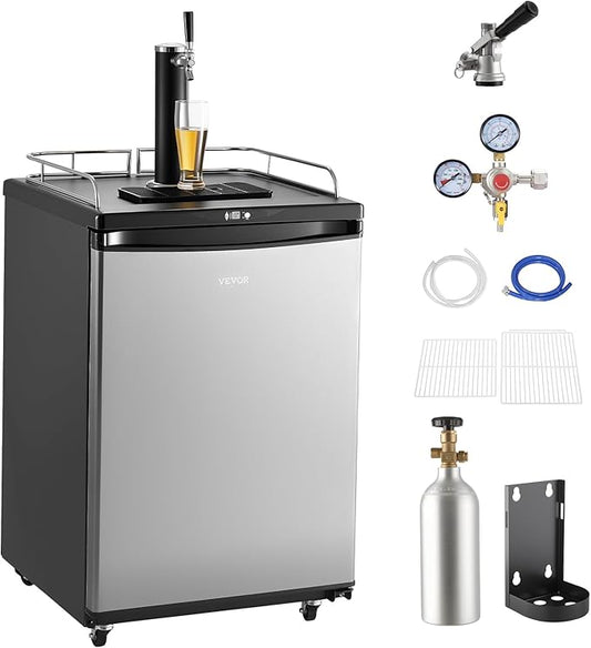 VEVOR Beer Kegerator, Single Tap Commercial Draft Beer Dispenser for D system, Full Size Keg Refrigerator with 5lbs CO2 Tank, Hold 2 Sixth / 3 Ball lock keg, Silver