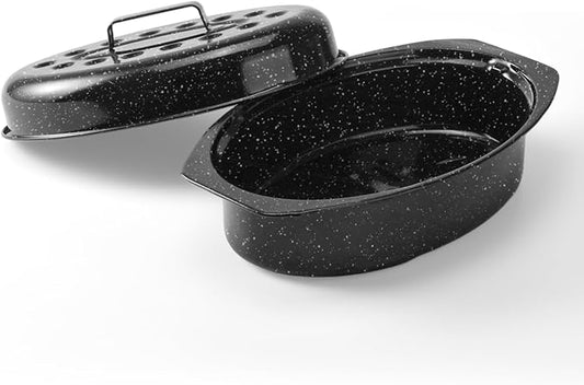 13" Roasting Pans for Ovens Porcelain Enameled Steel Oval Roaster Pan with Domed Lid for Small Turkey, Chicken, Vegetable, Lamb, Sourdough Bread