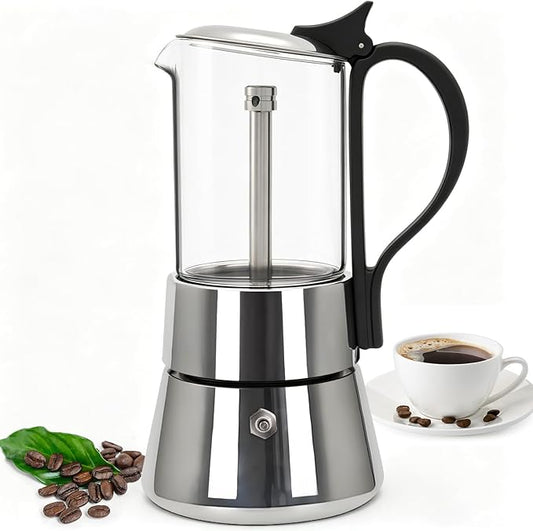 4 Cup Glass Transparent Moka Pot Stainless Steel Uncoated Stovetop Espresso Maker Italian Coffee Makers Mocha Greca Machine Cafe Classic Induction Cookers for Home Camping 220ml
