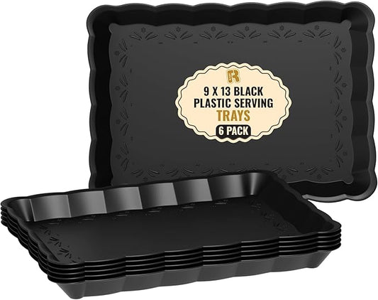 6 Pack Black Plastic Serving Trays - 9 x 13 Party Serving Trays and Platters - Black Serving Tray - Serving Platter Tray for Party