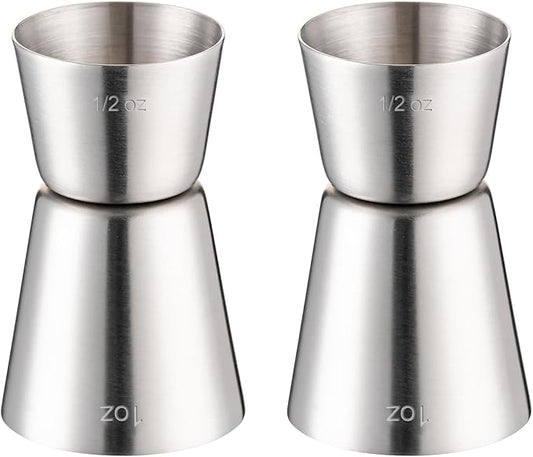 Briout Jigger for Bartending, 2 Pcs Double Cocktail Jigger Japanese Premium 304 Food Grade Stainless Steel Jigger 1 OZ 1/2 OZ, Flat Edge Silver