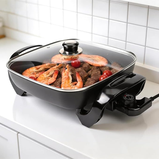 12" Ceramic Nonstick Electric Skillet with Tempered Vented Glass Lid, Scratch-Resistant Surface, Cool-Touch Handles, Removable Easy-to-Clean Design, 1200W, Sleek Black