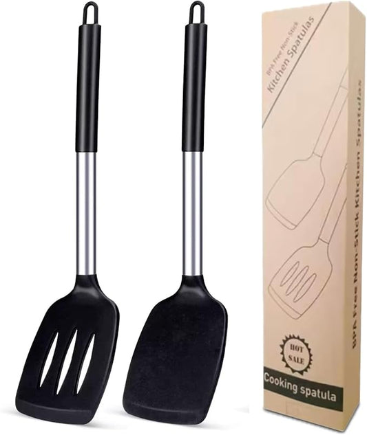 2 Pack Silicone Steel Sturdy Turner Spatula Set, Non-Stick Turner and Solid Spatula, High Heat Resistant BPA Free Cooking Kitchen Utensils - AR3T Collection - Black