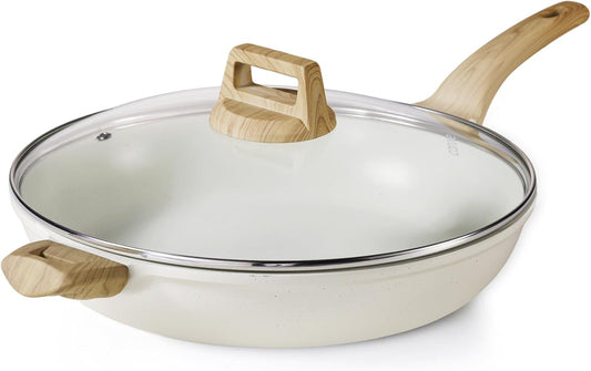 CAROTE 12.5 Inch Non Stick Frying Pan with Lid,White Granite Nonstick Skillet Omelet Pans, Egg Pan Granite Cookware, PFOS & PFOA Free