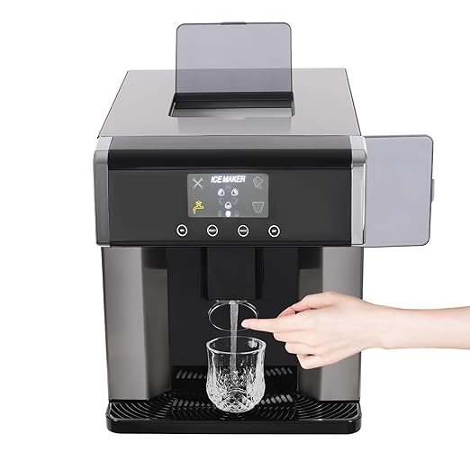 2-in-1 Ice Makers Countertop, Chewable Pellet Ice Machine with Self-Cleanin Function, 33lbs/24H Portable Ice Makers for Home Kitchen Officce, Silver+Black
