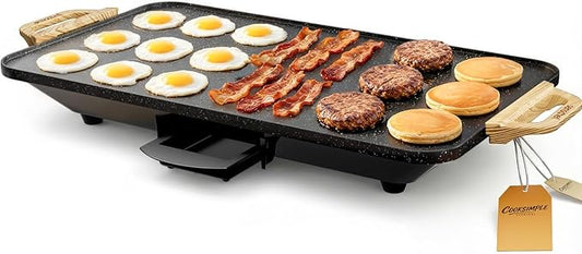 CookSimple Everyday 20x12 Inch Electric Griddle with 1700W Fast Even Heating&ILAG Granite Nonstick Surface – Large Flat Griddle Perfect for Family Meals, Pancakes–Easy to Clean, Granite Black