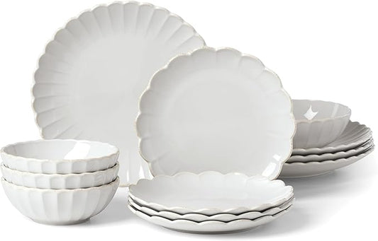 Lenox Stoneware Dinnerware Sets, French Perle Scallop White 12-Piece Dinnerware Set for 4, Service For 4, Dishwasher Safe Dishware, Dishes Set, Stoneware Dinner Plates and Bowls Sets (White, 12 Piece)