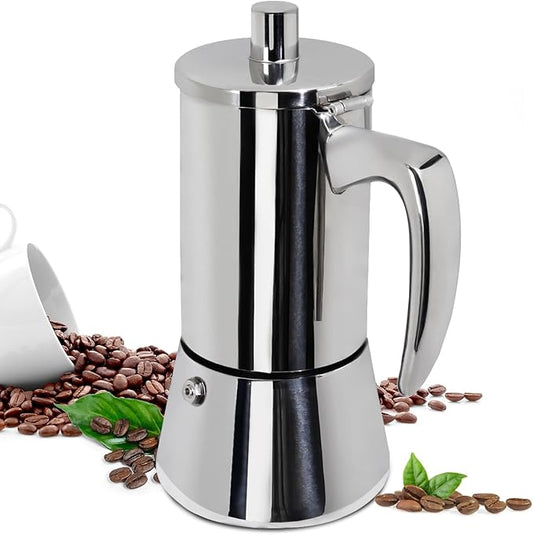 6 Cup Thickened Moka Pot 304 Stainless Steel 300ml Italian Espresso Coffee Maker Stovetop CoffeeMakers Mocha Pot Percolator for Induction Stove Classic Cafe Makers Portable for Easy Brewing