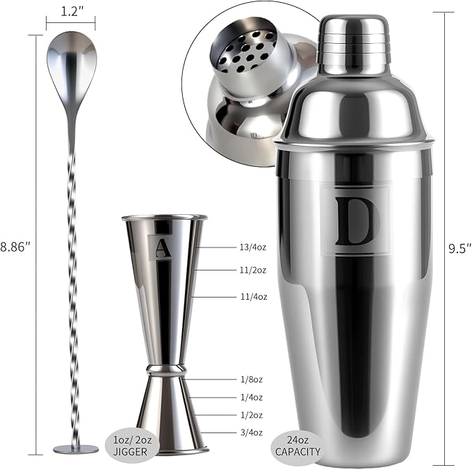 24oz Cocktail Shaker Set with 1 oz 2oz Jigger - Monogramm Initials Martini Shaker Set - 304 Stainless Steel Bar Shaker for Margarita,Mojito-Personalized Gift for Friend,Husband-D