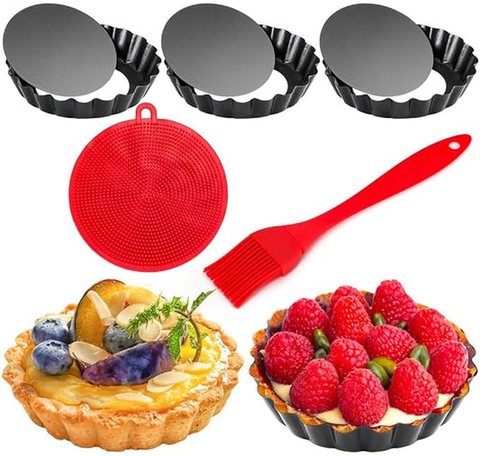 4 Pack 4 Inch Mini Tart Pans with Removable Bottom, Nonstick Quiche Pan Round, Mini Pie Pans with Oil Brush&Silicone Scrubber, Heavy Duty Fluted Side for Pies, Mousse Cakes, Dessert Baking