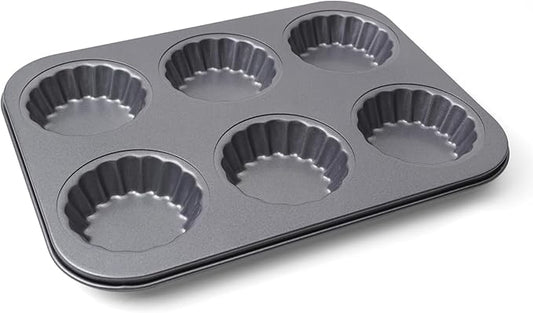 Mini Tart Pan, 2.75" Egg Tart Molds 6-Cavity Non Stick Fluted Mini Tart Mould, Reusable Quiche Bakeware Carbon Steel for Pies, Quiche, Cheese Cakes, Desserts(Not Included Cutting Mold)
