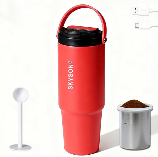 minkah Fast Extraction Mini Electric Coffee Maker - Portable Filter Coffee Brewer for Travel,Insulated Stainless Steel Tumbler,30 oz Reusable Iced Coffee Cup Machine,Hot Coffee Mug with Lid(Red)
