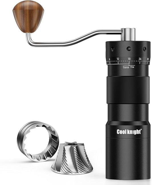COOL KNIGHT Manual Coffee Grinder, 7-Edge SUS420 Stainless Steel Conical Burr, 72-Click External Adjustment, 25g Capacity, Aluminum Body, Walnut Handle, Magnetic Catch Cup for Espresso & Pour Over