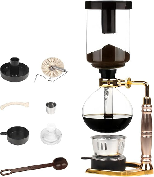 Japanese Siphon Coffee Maker, Glass Vacuum Siphon Coffee Pot 5-Cup (600ml) with Alcohol Burner, Adjustable Buffer Clamp, Stainless Steel Bracket Base for Coffee Aficionados