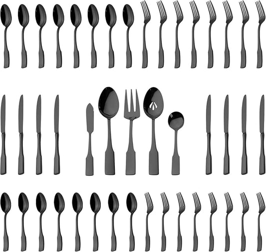 Alata Kate Black Mirror 45-Piece Silverware With Utensil-Serving Set, Service for 8, Stainless Steel Flatware, Mirror Polished Cutlery, Dishwasher Safe