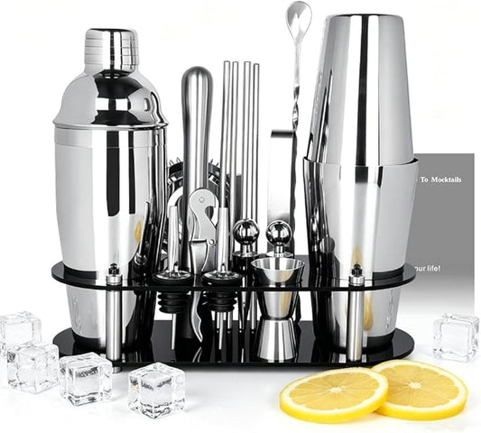17Pcs Cocktail Shaker Set 750ml, 750/600ml Bartending Kit 25oz, 25/20oz Bar Shakers Tools Bartender Kit with Recipe Book Black Stand