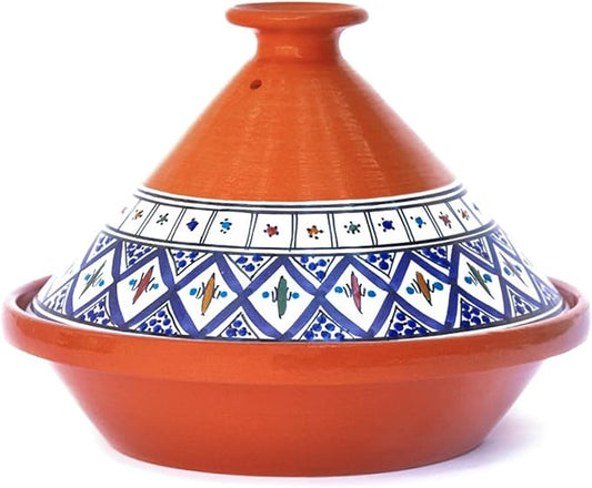 Kamsah Tagine Pot for Cooking and Flavor Enrichment - Medium Clay Pot 10”, 3.1 QT - Non-Stick Handmade Cookware - Moroccan Ceramic Pots for Cooking with Lid & Serving Bowl - Bohemian Classic Blue