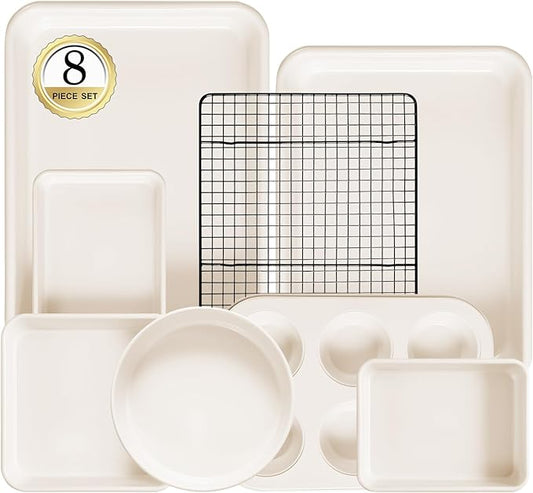8-Piece Non-stick Baking Pans Set – Stackable Bakeware Set for Kitchen, Carbon Steel Baking Set with Cookie Sheet, Roasting Pan, Cake Pan, Muffin Pan, Cooling Rack, Baking Essentials Supplies