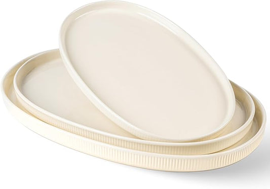 theterra Ceramic Serving Platter, 15.6"/14.4"/12.2" Oval Serving Dishes for Entertaining, Oven Safe, Microwave Safe, Serving Plates Set of 3 for Wedding, Party, Turkey, Beige